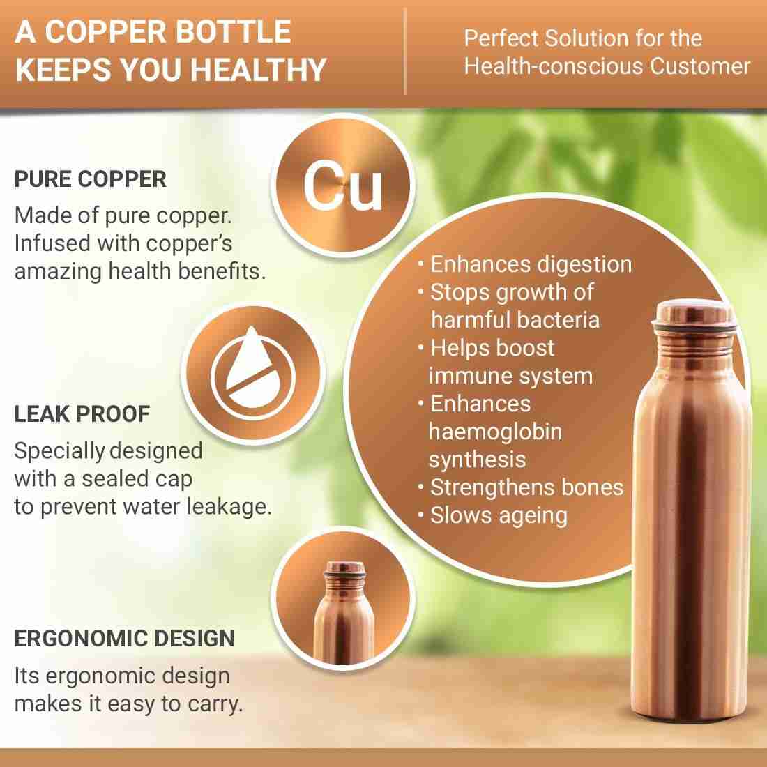 Copper Plain Shine Water Bottle - 1 Litre