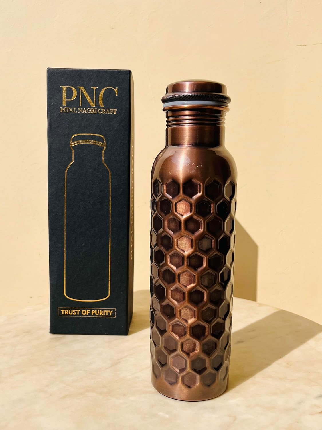 Pital Nagri Craft - Copper Honey comb Water Bottle - 1 Litre