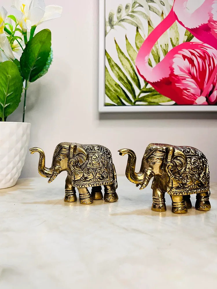 Brass Elephant Showpiece Set - Pure Brass, Antique Gold Finish, 9 cm, 800 GM