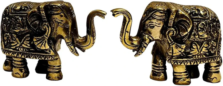 Brass Elephant Showpiece Set - Pure Brass, Antique Gold Finish, 9 cm, 800 GM