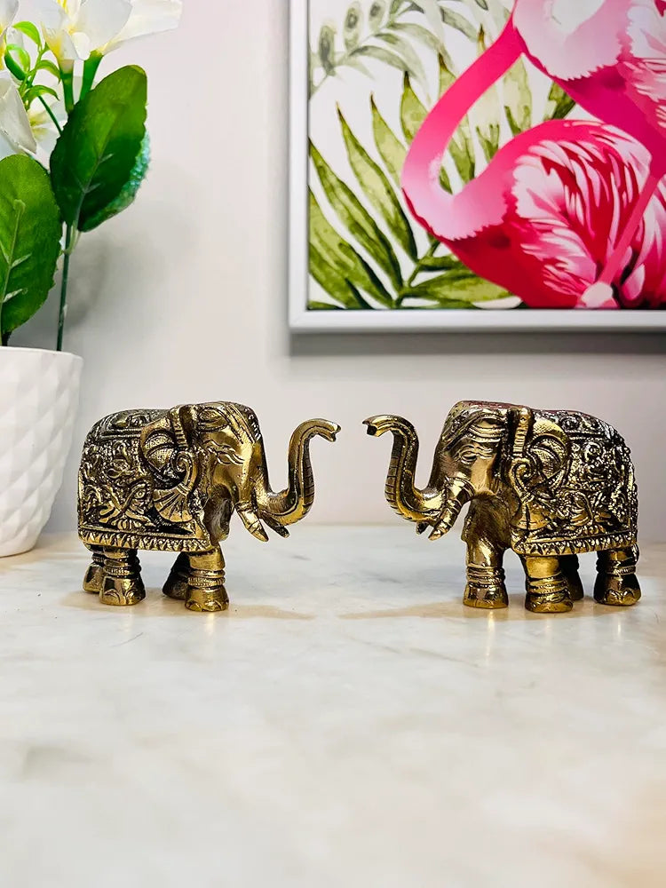 Brass Elephant Showpiece Set - Pure Brass, Antique Gold Finish, 9 cm, 800 GM