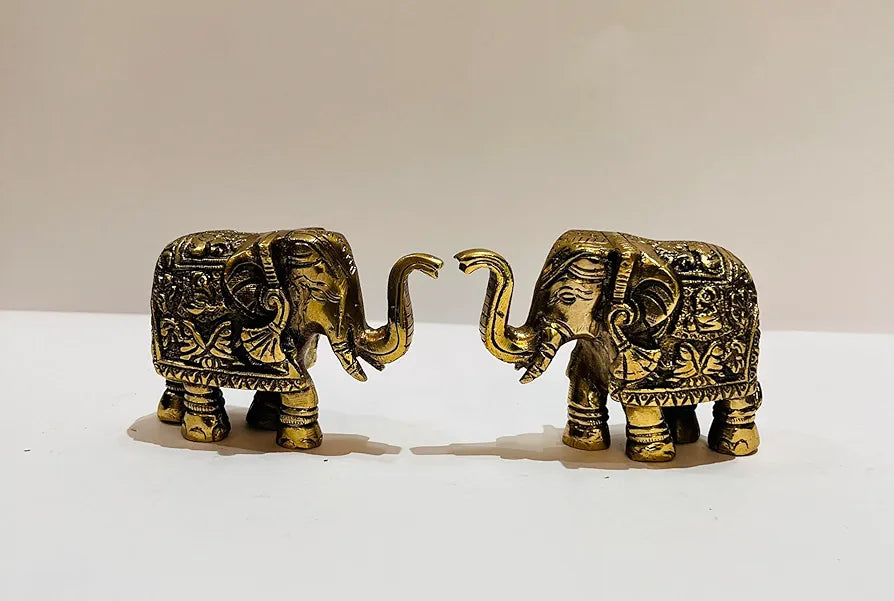 Brass Elephant Showpiece Set - Pure Brass, Antique Gold Finish, 9 cm, 800 GM